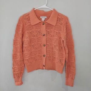 Rachel Zoe cardigan sweater Medium open knit orange button front collared